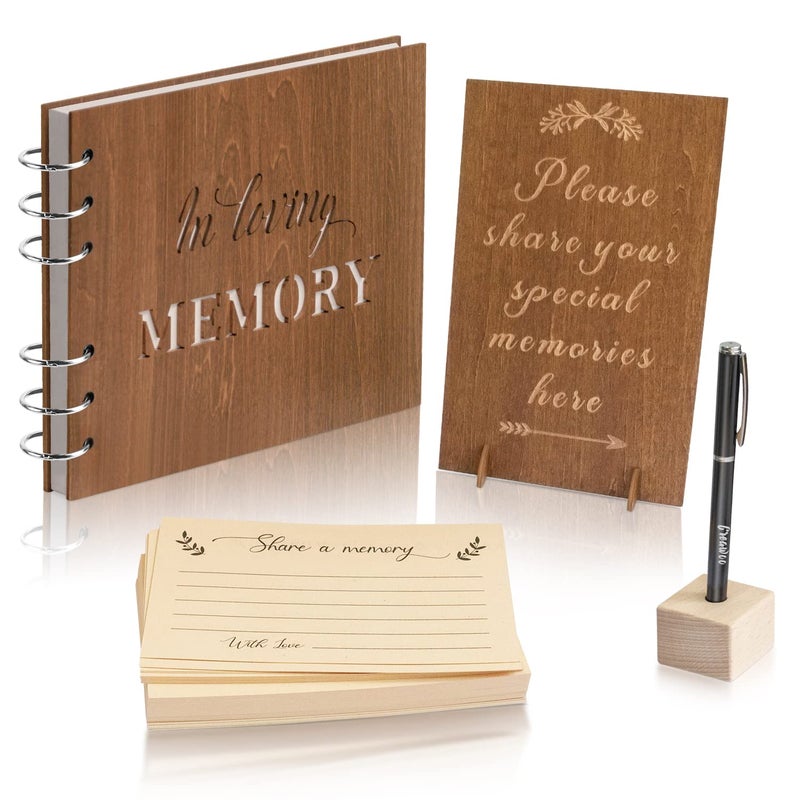 Creawoo Wooden Funeral Guest Book for Memorial Service Celebration of Life Decorations  Hardcover In Loving Memory Guestbook Set with White Pages  Included Share a Memory Cards  Table Sign  Pen (8.5"") - Image 1